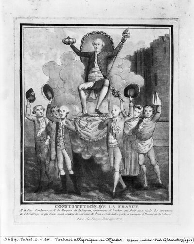 The French Constitution: Allegorical portrait of Jacques Necker held up by Louis Philippe Joseph Duc d